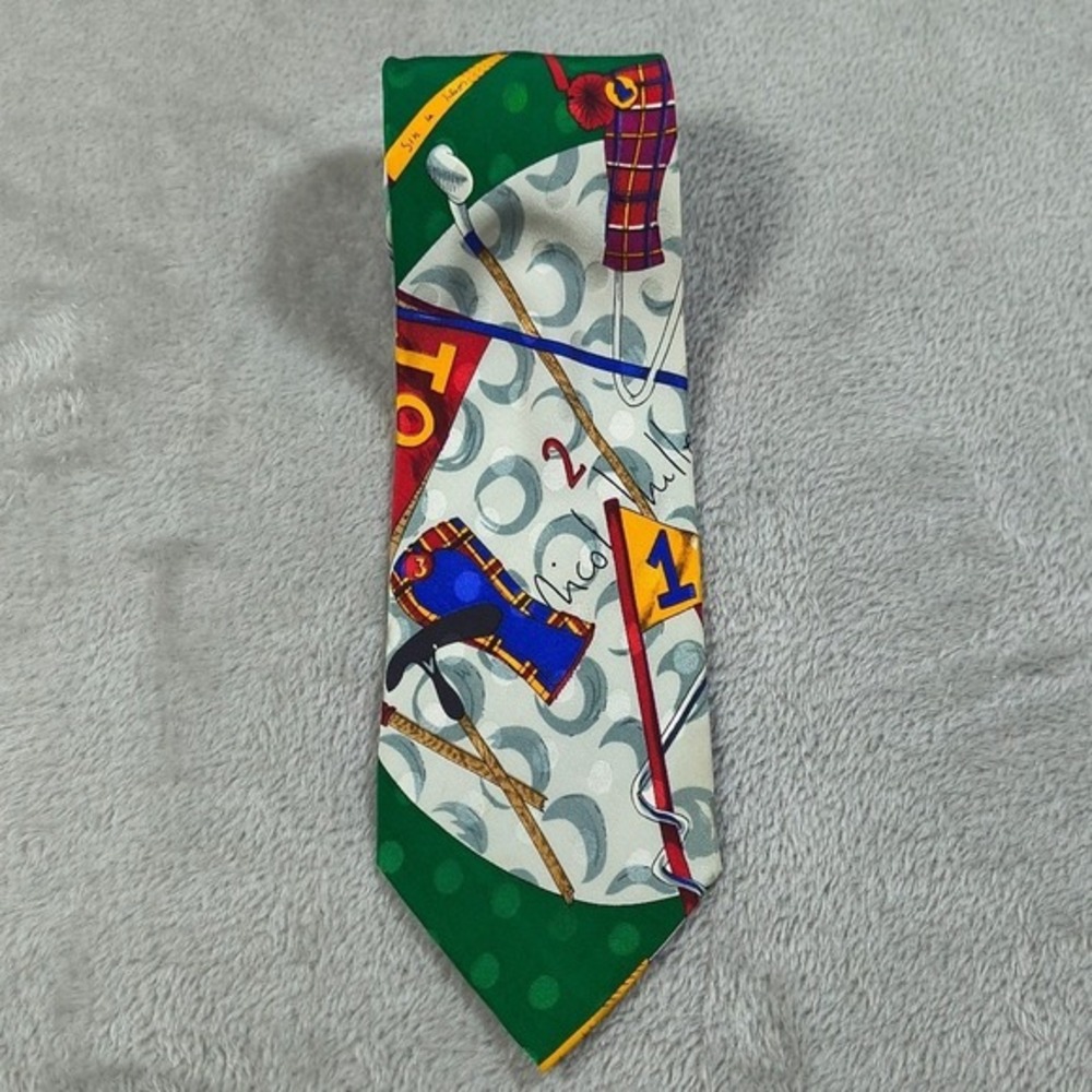 Vintage Golf Tie Mens 3.75x57 Green Silk Hand Sewn Neckwear Novelty 90s Preppy